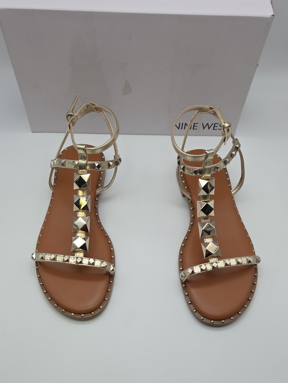 Nine West Gold Pyramid-Stud T-Strap Sandals